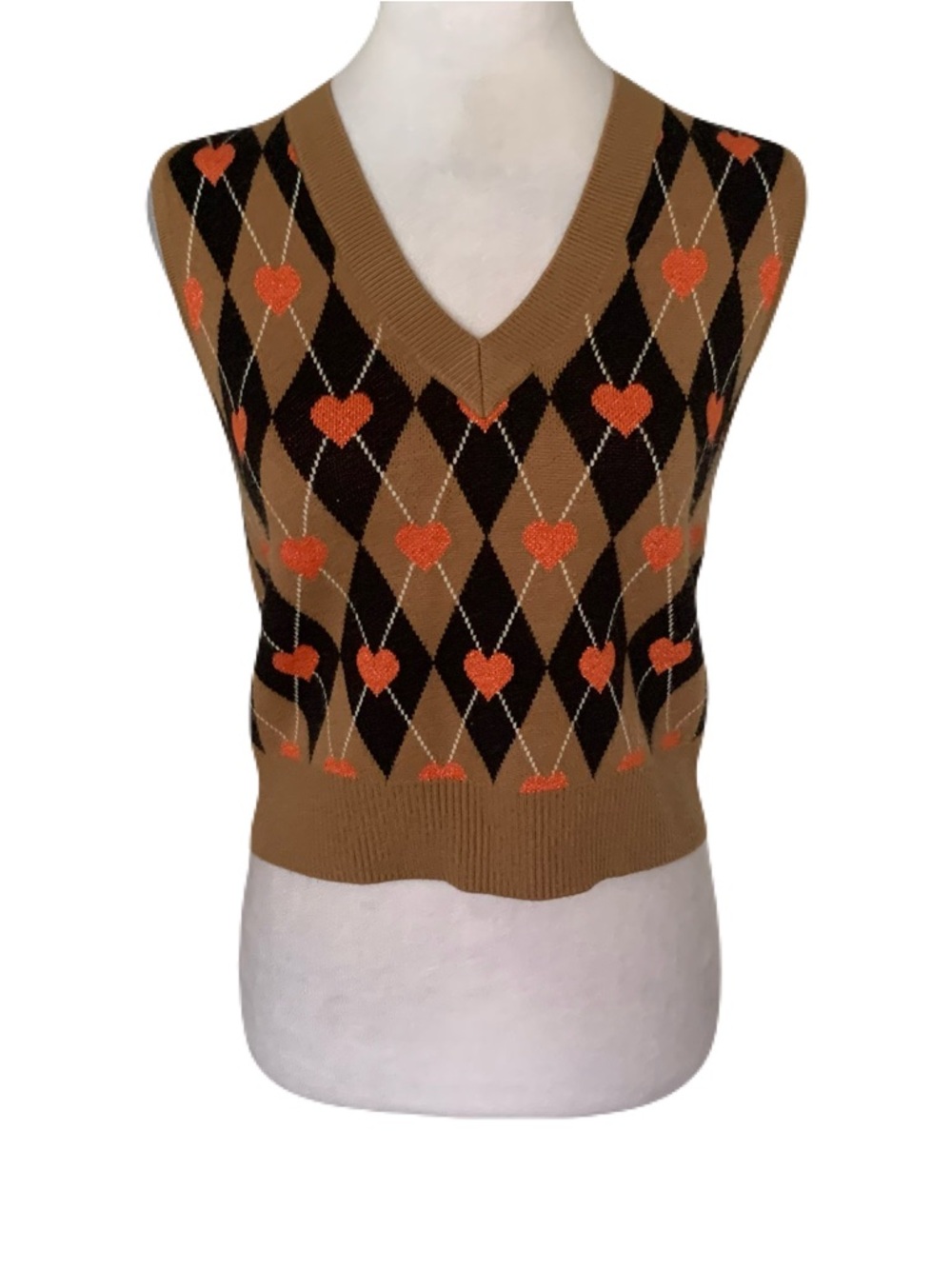 Maeve Women’s XS Argyle Heart V-Neck Knit Cropped Vest Hearts Preppy Academic